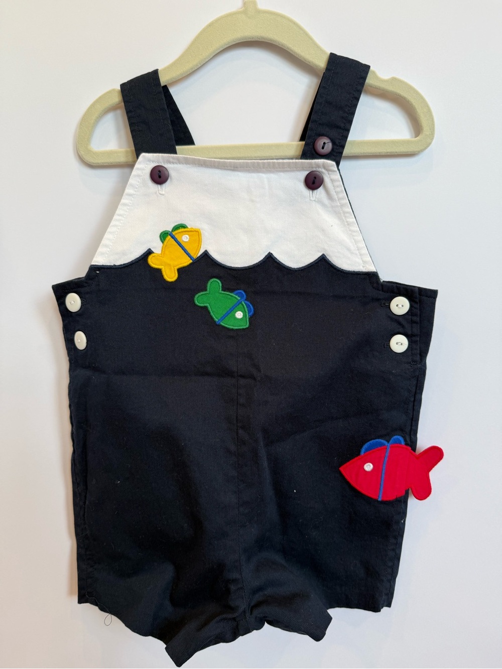 Florence Eiseman White and Navy Romper with Fish Appliqué